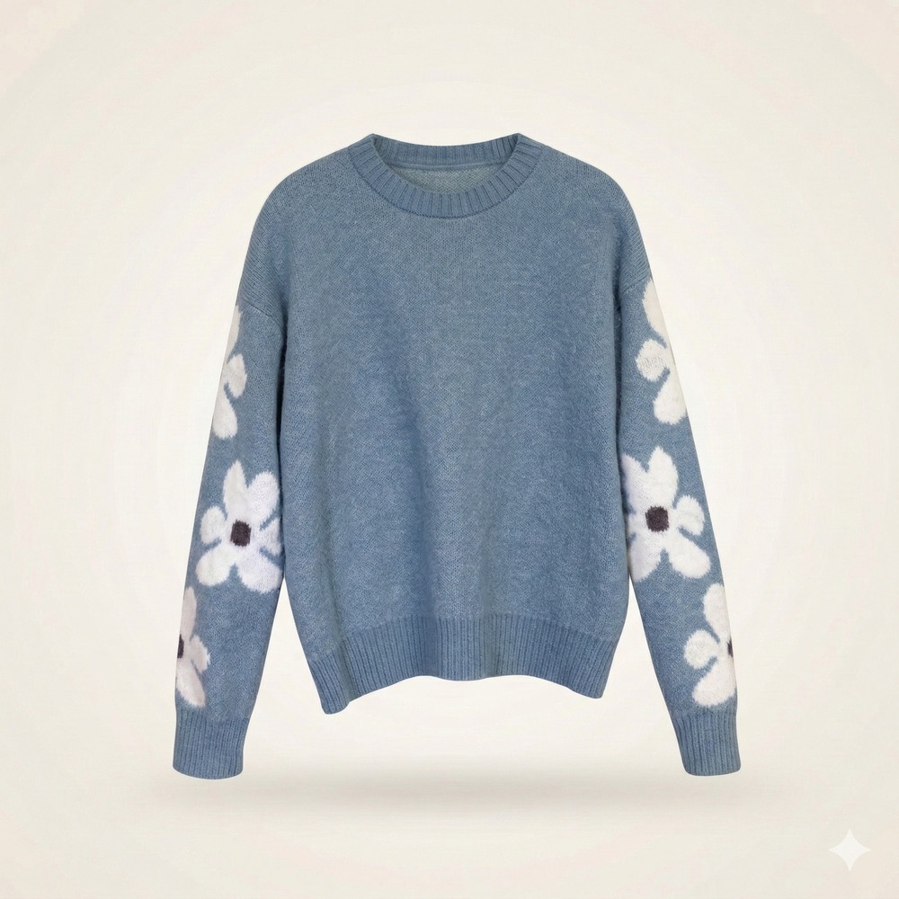 Daisy Floral Sleeve Sweater‎ Womens Medium Blue Crewneck Knit EUC
